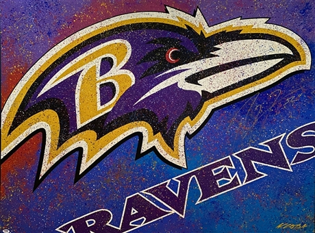 Ray Lewis and Joe Falco Dual Signed Original Bill Lopa Baltimore Ravens 36x48 Painted Canvas (Beckett)
